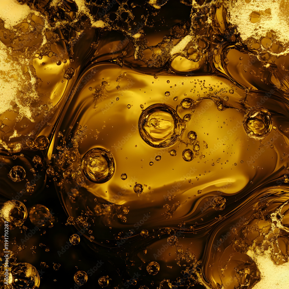 Aufkleber golden liquid forms abstract patterns with bubbles and froth gently moving
