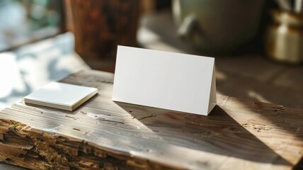 A white business card holder sits on a wooden table