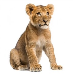 Fototapeta premium Adorable lion cub sitting and looking up, isolated on white background