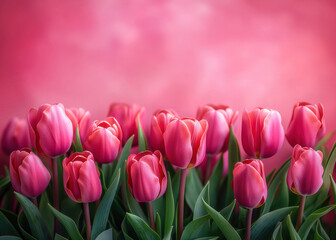 Fototapeta premium Tulips in row, copy space, pink background. Arrangement spring flowers, holiday concept Mothers Day