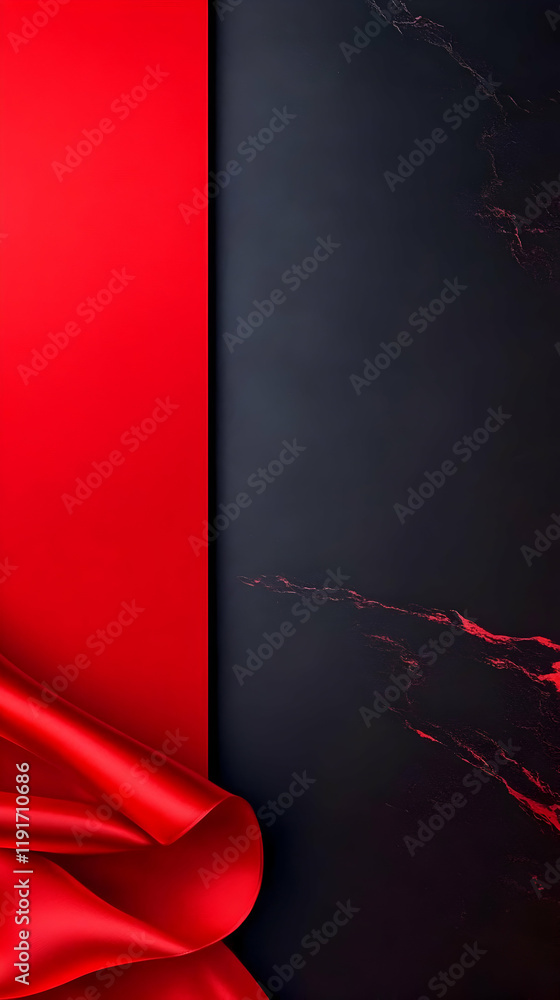 Poster red silk drapes over a dark textured background with elegant simplicity