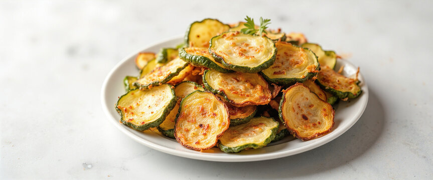 Crunchy baked zucchini chips arranged on a white plate, showcasing a golden-brown color and sprinkled with fresh herbs, representing healthy snacking and sustainable cooking practices