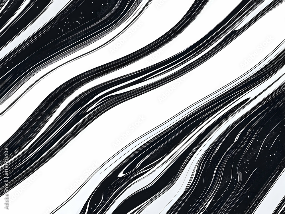 Poster abstract black and white swirling pattern creates a dynamic visual background.