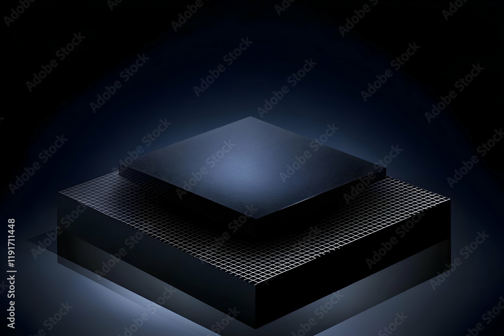 Poster 3d black cubes stand on a gridded surface in a dark background with subtle lighting