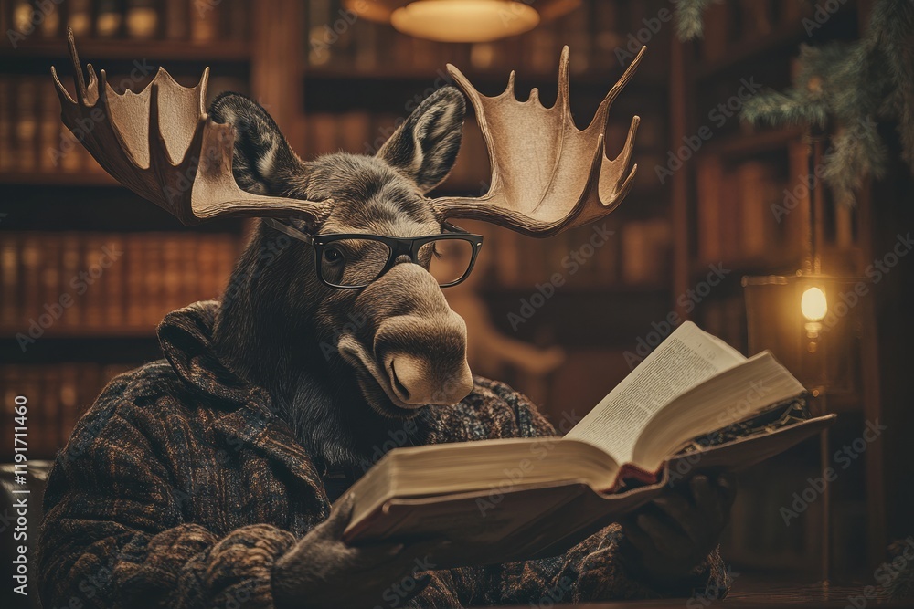 Aufkleber moose in reading glasses enjoys a book in a vintage library filled with wooden shelves and soft ligh