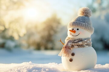 Obraz premium Funny snowman wearing woolen hat and scarf enjoying a beautiful sunny winter day
