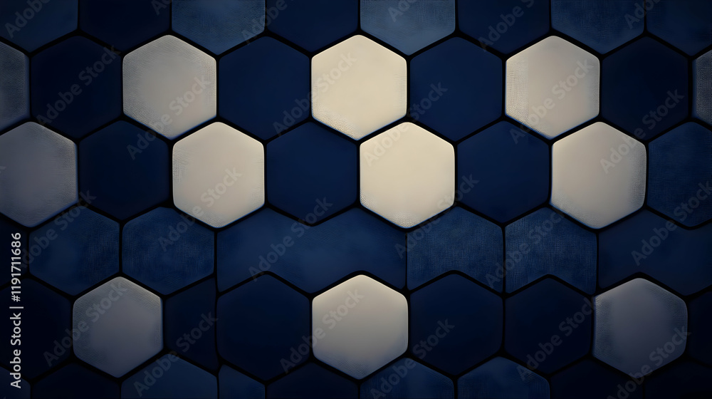Poster Abstract Background of Blue and White Hexagonal Tiles Creates a Modern and Stylish Pattern.