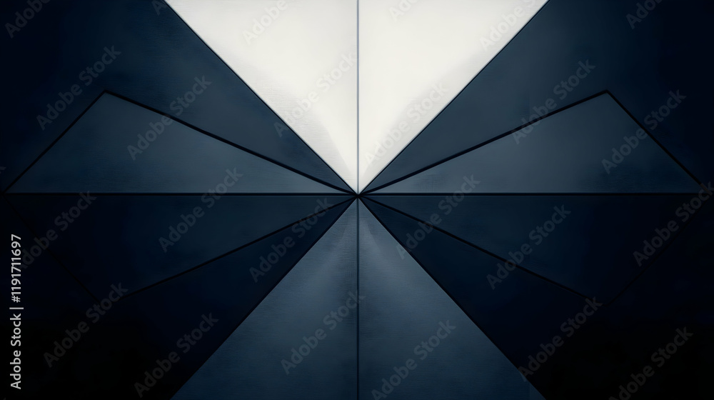 Poster abstract geometric design features dark blue triangles converging on a central white point, creating