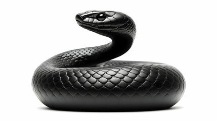 3D Render of a Glossy Black Snake Coiled and Alert, Isolated on White Background