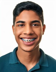 Obraz premium Close-up portrait of a smiling young man wearing orthodontic braces. Isolated on background with copy space.