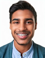 Obraz premium Close-up portrait of a smiling young man wearing orthodontic braces. Isolated on background with copy space.