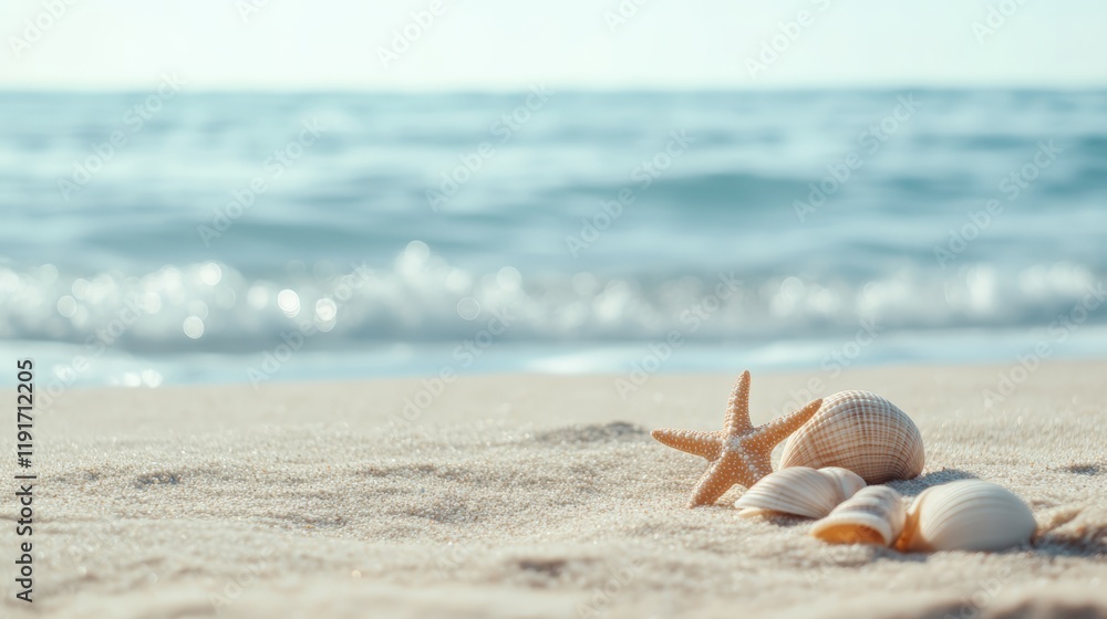 Poster starfish and seashells are lying on the smooth sand of a beach, with gentle waves rolling in the bac