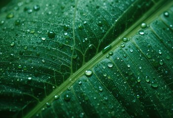 Green Leaf Covered In Dew Droplets Of Water