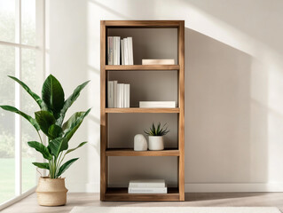 Minimalist Wooden Bookshelf with Indoor Plant in Sunlit Room