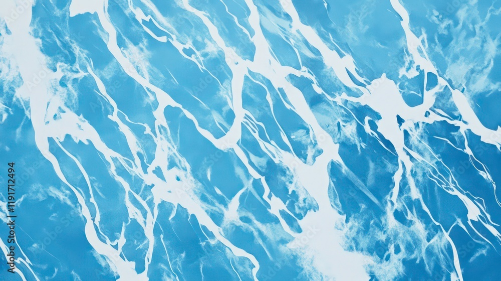 Poster abstract aerial view of water, showing swirling patterns and textures of light blue and white.