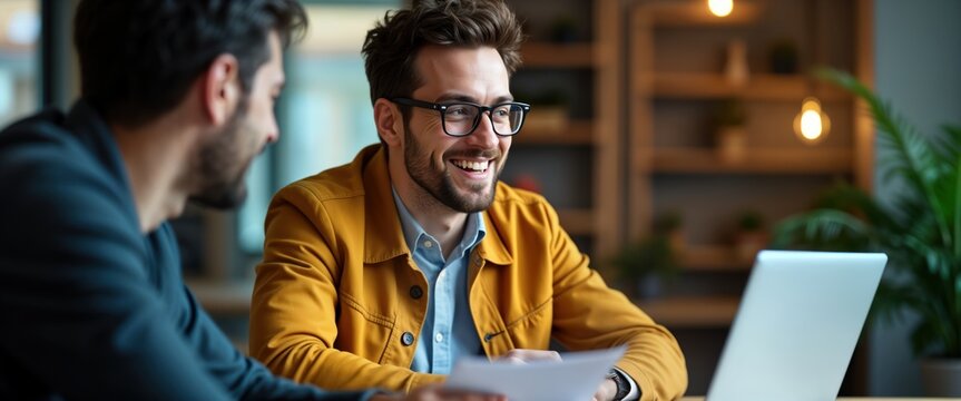 Two men sit in modern office setting. One man in mustard yellow jacket appears happy, likely cybersecurity trainer giving tech workshop. Uses laptop. Man listening attentively. Ambiance suggests