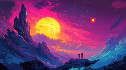Two Figures Contemplate a Vibrant Alien Sunset Landscape