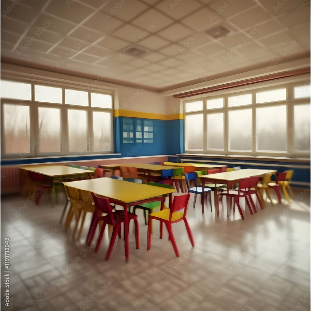 Poster empty colorful classroom depicts absence with tables and chairs neatly arranged inside a room.