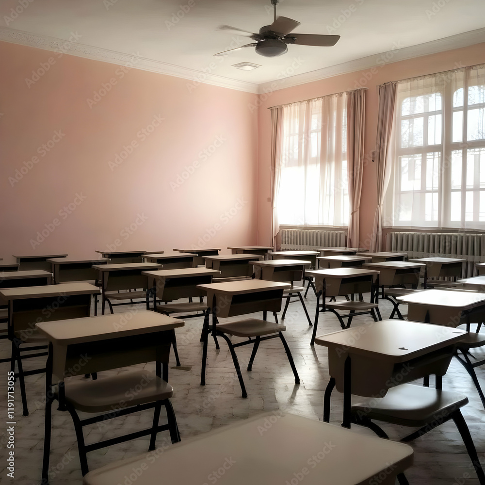 Poster empty classroom shows desks and chairs neatly arranged under a ceiling fan with soft sunlight
