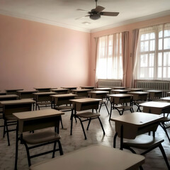 Fototapeta premium Empty Classroom Shows Desks and Chairs Neatly Arranged Under a Ceiling Fan with Soft Sunlight