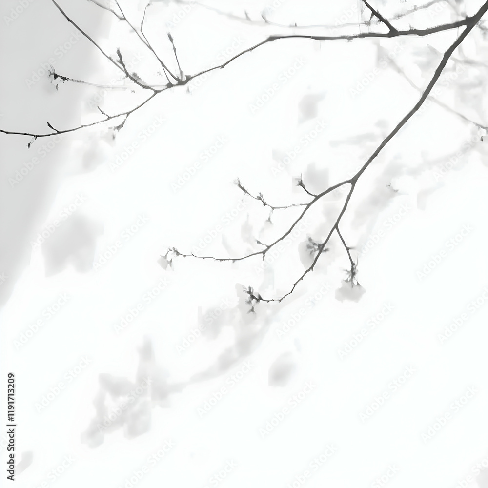 Poster delicate branches cast shadows on a pristine white background in a minimalist composition