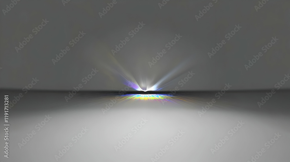 Poster abstract light beams radiate from a central point on a gray background with subtle texture.