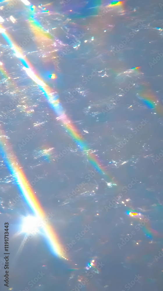 Poster rainbow light streaks across a textured, shimmering surface, creating a dazzling display of color an