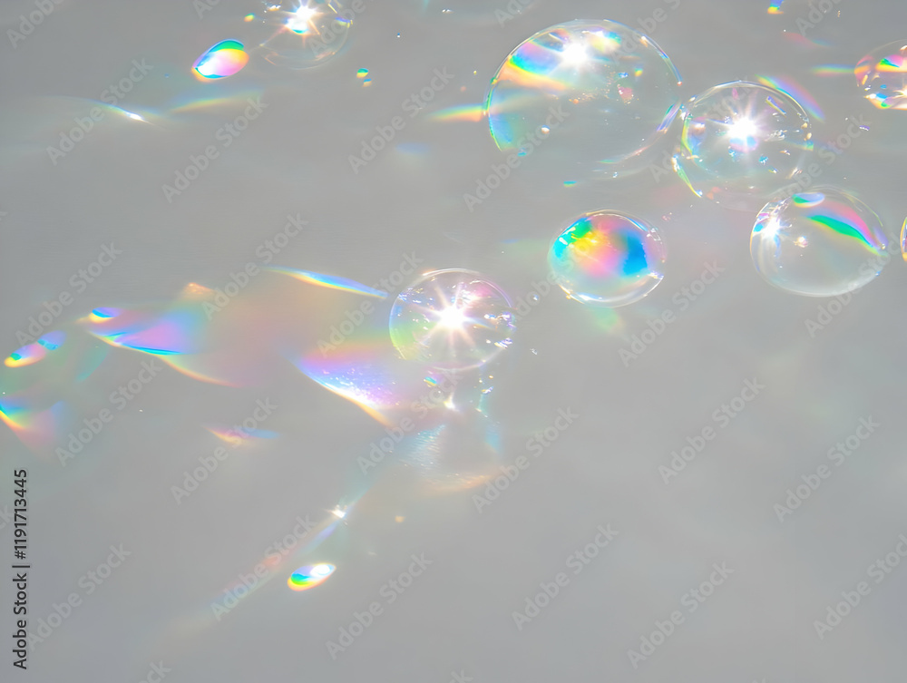 Poster iridescent soap bubbles floating gently on a soft gray background, capturing the light with dreamy e