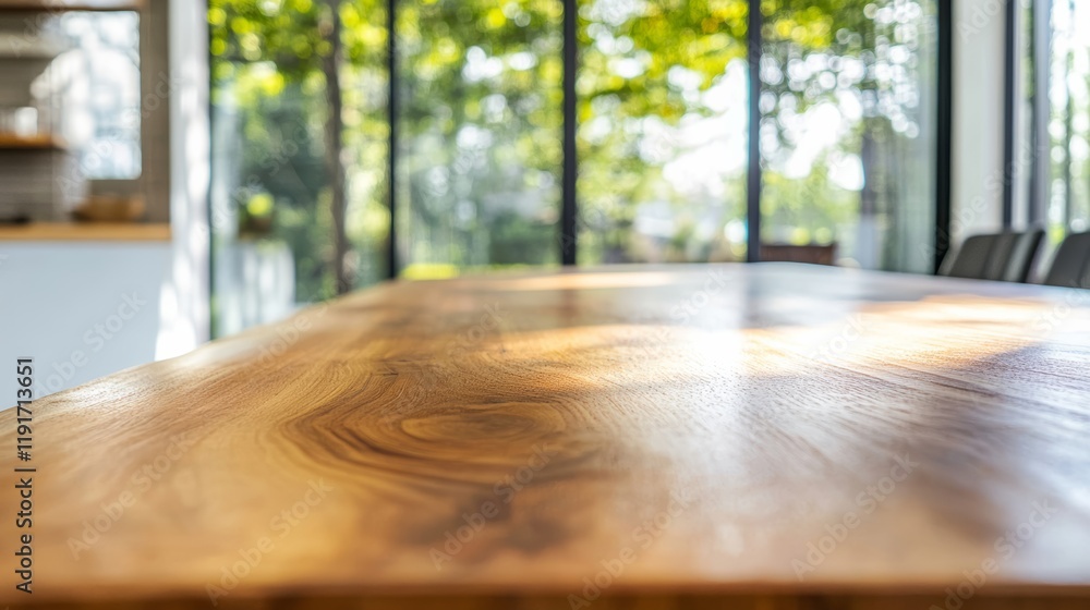 Fototapete Sunlight illuminating an empty wooden table surface in a modern kitchen with blurred green trees in the background, creating a warm and inviting atmosphere
