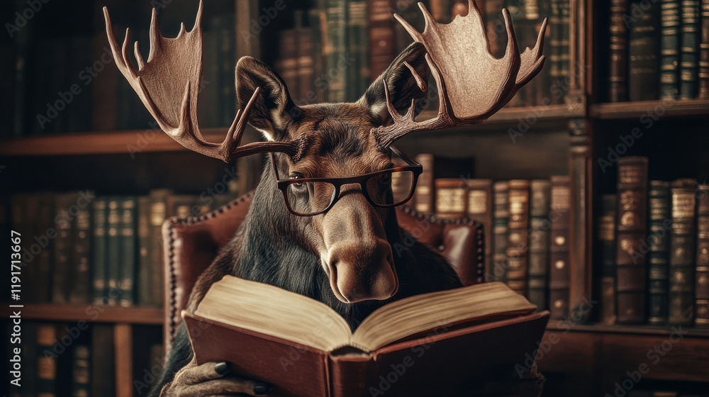 Aufkleber moose reading a book in vintage library while wearing reading glasses with bookshelves in the backgr