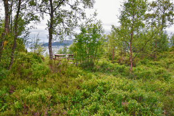 Aselund hiking from Sukkertoppen, The Sugar Top trail views, coast and fjord, World War Bunkers, Norway, Scandinavia Europe.