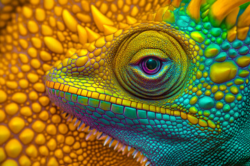 Fototapeta premium Vivid Chameleon Displays Iridescent Scales and Intense Gaze in Close-Up