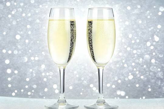 Two Champagne Flutes Filled with Bubbly Liquid Against a Sparkling Silver Background.
