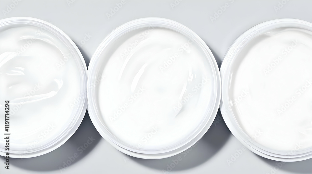 Poster three open jars of white cream displayed on a smooth gray surface