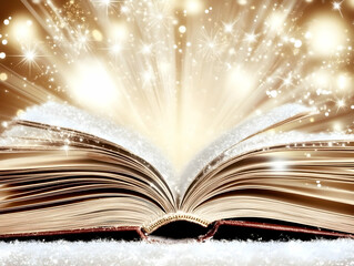 Open Book Emits Golden Light with Snowflakes on Pages and Magical Golden Rays Background