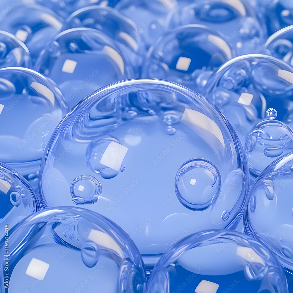 Poster translucent blue spheres cluster together in abstract 3d illustration, creating a smooth and serene 