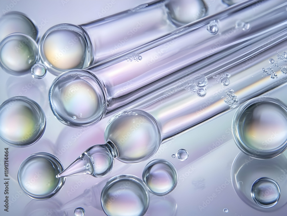 Poster abstract glass tubes and spheres create an intriguing composition with soft lighting and iridescent 