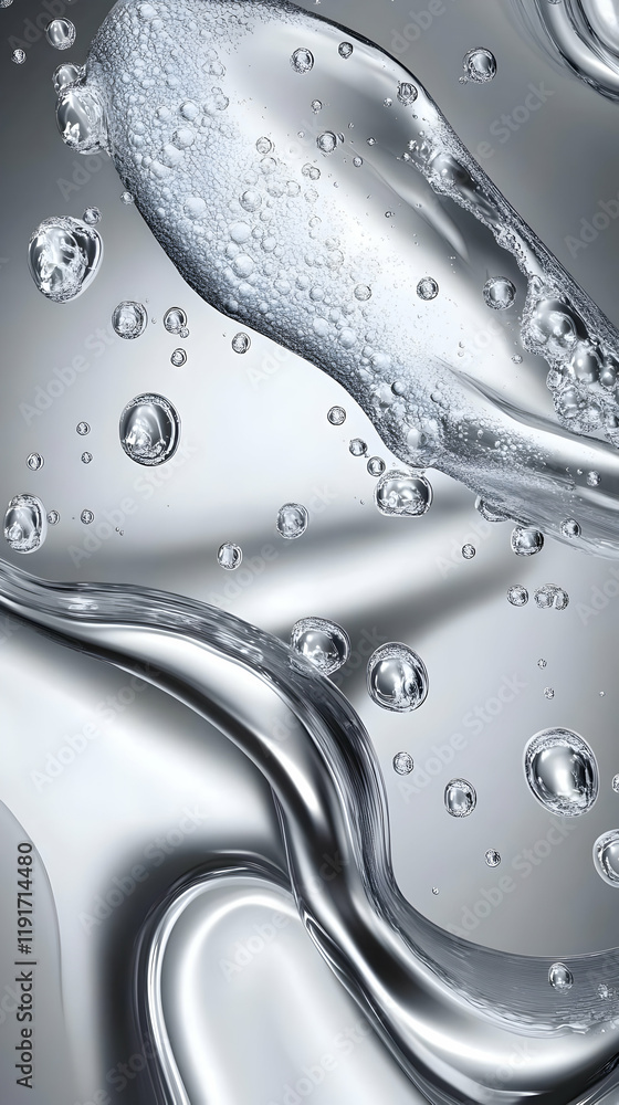 Poster abstract 3d render of liquid metal with bubbles floating and flowing smoothly on silver background.