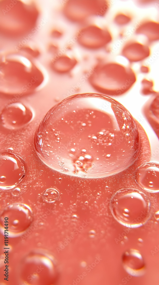 Poster close-up of transparent bubbles floating on a coral-colored liquid surface creates an abstract textu