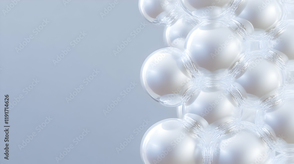 Poster abstract 3d render of interconnected spheres with smooth, glossy surfaces on a soft blue background