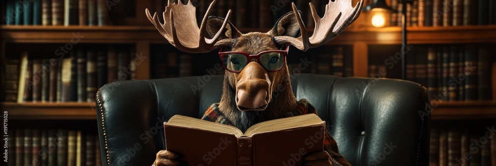 Aufkleber moose reading in glasses while enjoying a book in a vintage library filled with classic literature. 