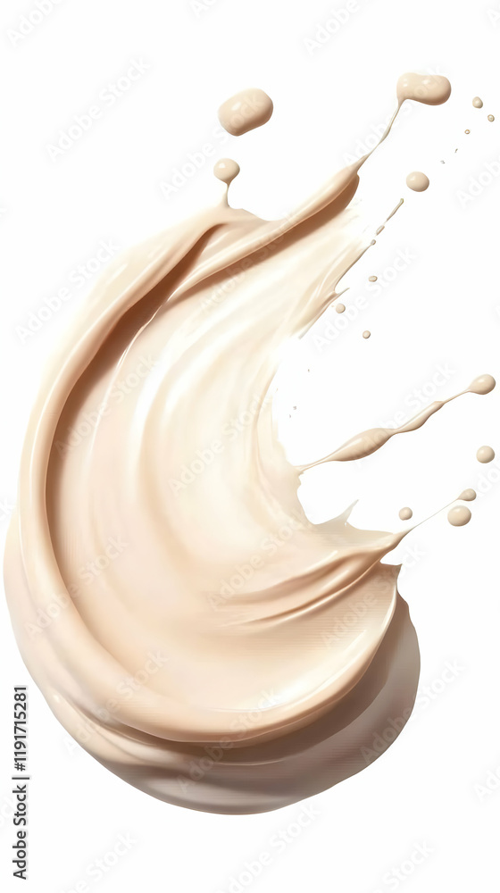 Poster beige liquid foundation swirls and splashes dynamically on a white background