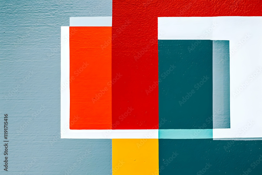 Poster abstract geometric painting showcases vibrant colors and shapes dynamically arranged on a textured b