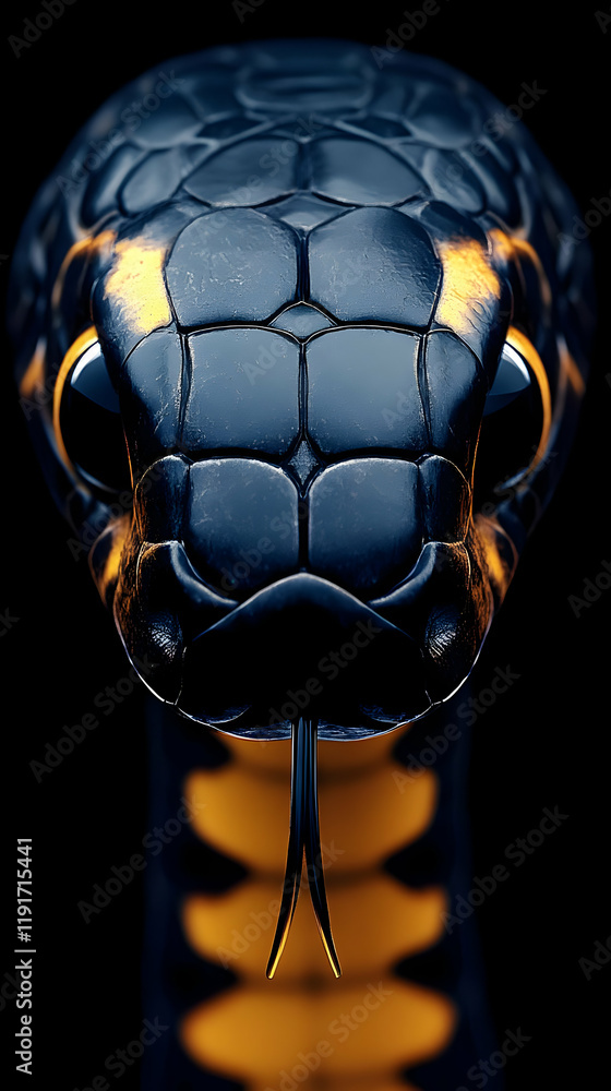 Poster 3d render of a snake with dark scales and forked tongue emerging from shadows