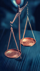 Brass Scales of Justice Symbolizes Balance and Fairness in Legal Proceedings Accurately on Blue Surface