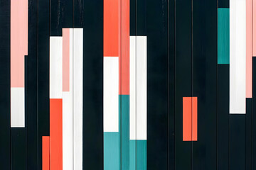 Obraz premium Colorful Rectangular Shapes Painted on Black Wooden Slats Form an Abstract Pattern