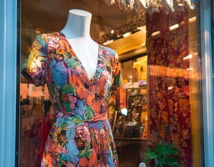 Generated image A vibrant storefront window with a mannequin wearing a floral dress, layered with colorfu