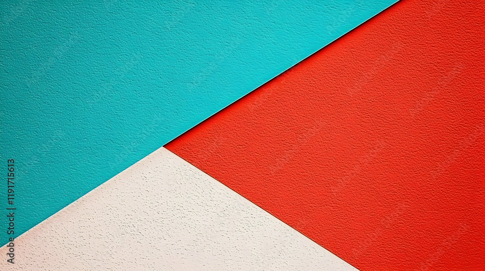 Poster abstract background displays textured triangular sections of teal, white, and red hues with subtle g
