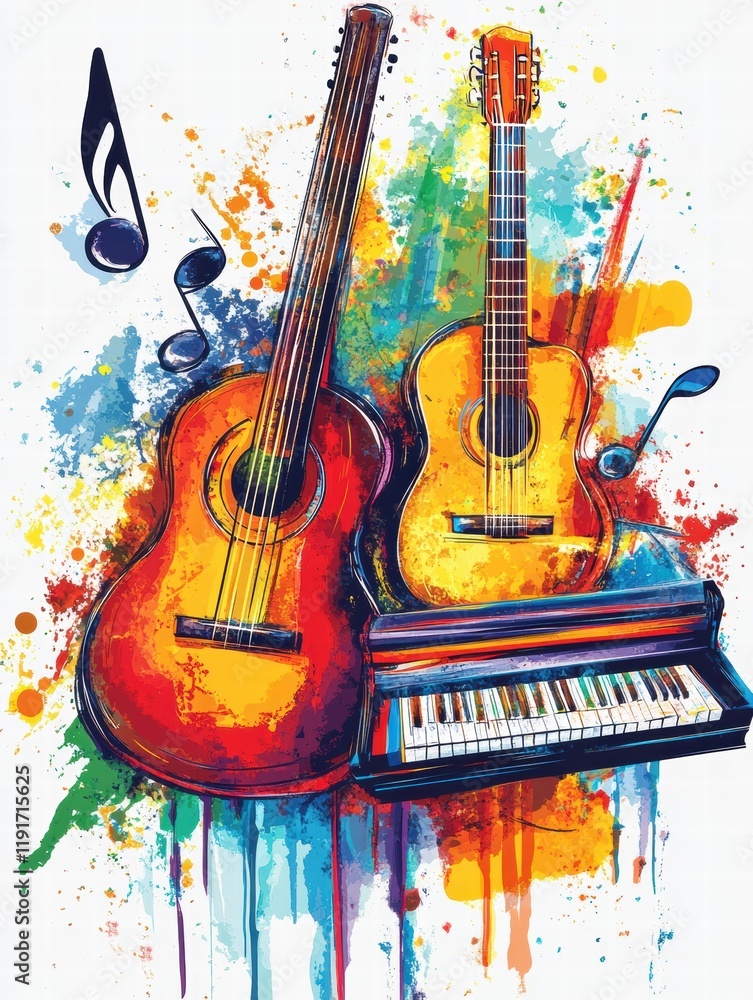 Leinwandbilder Musical instruments showcase creative energy with colorful splashes and scattered notes in vibrant artistic expression. Generative AI