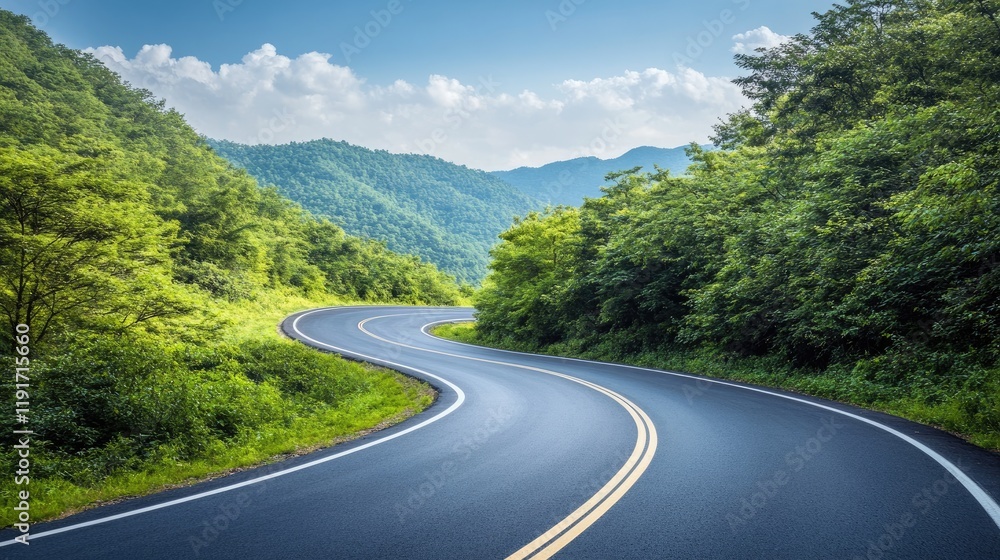 Poster a smooth highway curving through a dense forest, with light vehicle traffic and ample space for desi